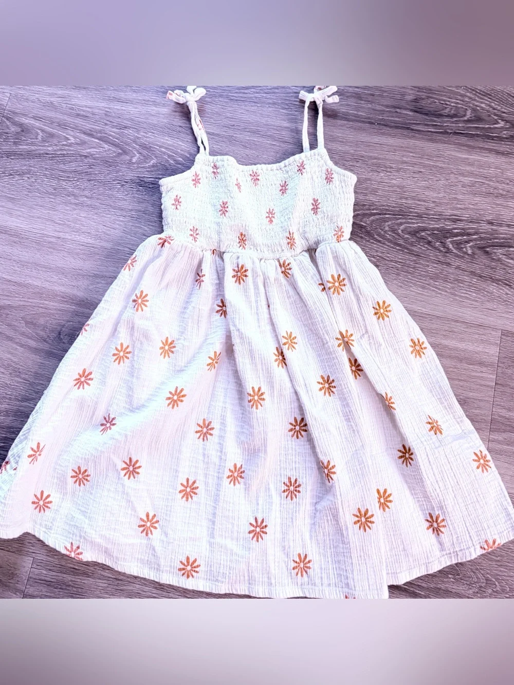 Rise Little Earthling Smocked Sundress Orange Daisy Flower Cotton Size 4-5Y